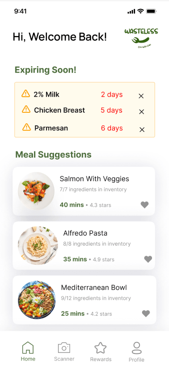 App UI showing digital pantry and suggested recipes